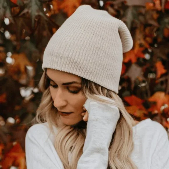 Oatmeal Low Gauge Ribbed Knit Slouchy Beanie - Picture 1 of 7